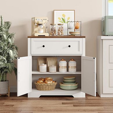 Farmhouse Coffee Bar Cabinet with Barn Doors and Drawer, Buffet for Kitchen Dining Room