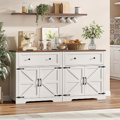 Farmhouse Coffee Bar Cabinet with Barn Doors and Drawer, Buffet for Kitchen Dining Room