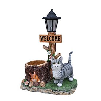 Cat Solar Planter Statue with LED Light - Outdoor Garden Decor, Cat Figure for Patio, Lawn, Balcony