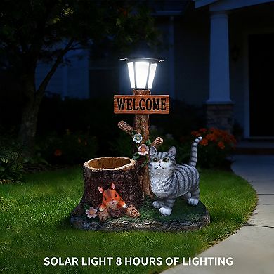 Cat Solar Planter Statue with LED Light - Outdoor Garden Decor, Cat Figure for Patio, Lawn, Balcony