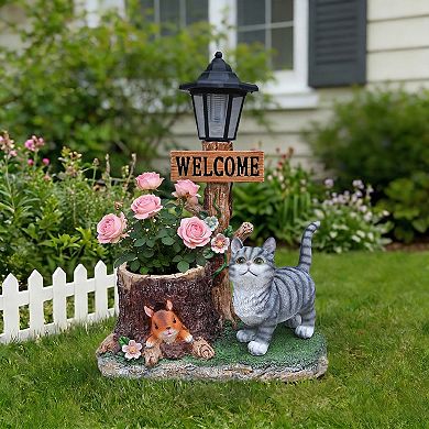 Cat Solar Planter Statue with LED Light - Outdoor Garden Decor, Cat Figure for Patio, Lawn, Balcony