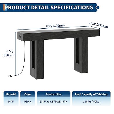 ANIXOL 63 Inch Console Table with Power Outlet，with Charging Station