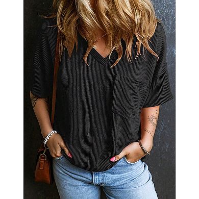Womens Summer V Neck Cap Sleeve Ribbed Tops Trendy Summer Casual Tshirt Wtih Front Pocket