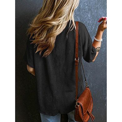 Womens Summer V Neck Cap Sleeve Ribbed Tops Trendy Summer Casual Tshirt Wtih Front Pocket