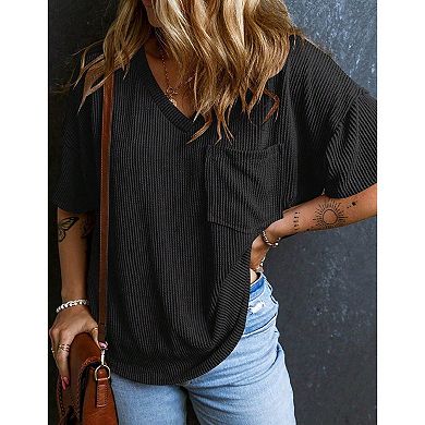 Womens Summer V Neck Cap Sleeve Ribbed Tops Trendy Summer Casual Tshirt Wtih Front Pocket