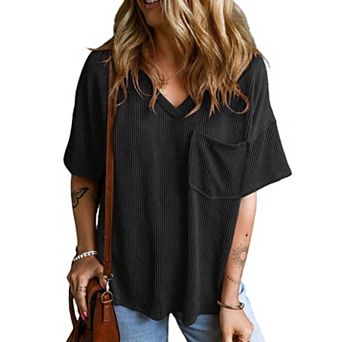 Womens Summer V Neck Cap Sleeve Ribbed Tops Trendy Summer Casual Tshirt Wtih Front Pocket