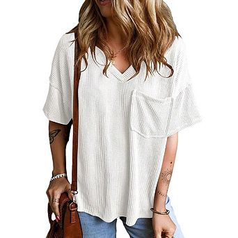 Womens Summer V Neck Cap Sleeve Ribbed Tops Trendy Summer Casual Tshirt Wtih Front Pocket