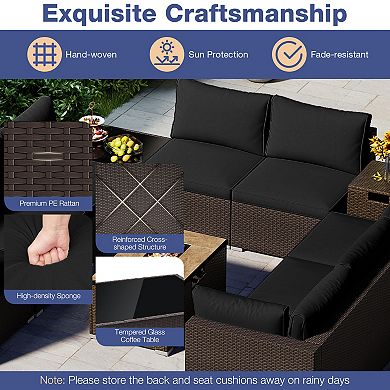 Gymax 12 PCS Outdoor Patio Wicker Sectional Sofa Set w/ 32'' Propane Fire Pit Table Tank Holder