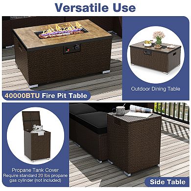 Gymax 12 PCS Outdoor Patio Wicker Sectional Sofa Set w/ 32'' Propane Fire Pit Table Tank Holder