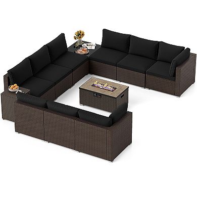 Gymax 12 PCS Outdoor Patio Wicker Sectional Sofa Set w/ 32'' Propane Fire Pit Table Tank Holder
