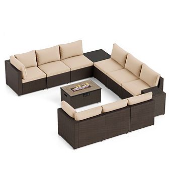 Gymax 12 pc Outdoor Patio Wicker Sectional Sofa Set w/ 32'' Propane Fire Pit Table Tank Holder