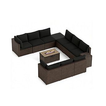 Gymax 12 pc Outdoor Patio Wicker Sectional Sofa Set w/ 32'' Propane Fire Pit Table Tank Holder