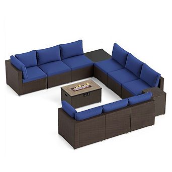 Gymax 12 pc Outdoor Patio Wicker Sectional Sofa Set w/ 32'' Propane Fire Pit Table Tank Holder