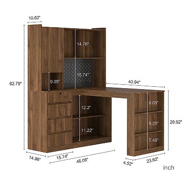 L Shaped Desk,Computer Desk with Drawers, Bookshelf, Modern Corner Desk with LED Light for Home