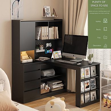 L Shaped Desk,Computer Desk with Drawers, Bookshelf, Modern Corner Desk with LED Light for Home