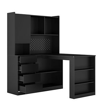 L Shaped Desk,Computer Desk with Drawers, Bookshelf, Modern Corner Desk with LED Light for Home