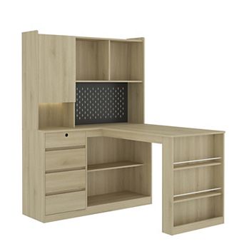 L Shaped Desk,Computer Desk with Drawers, Bookshelf, Modern Corner Desk with LED Light for Home