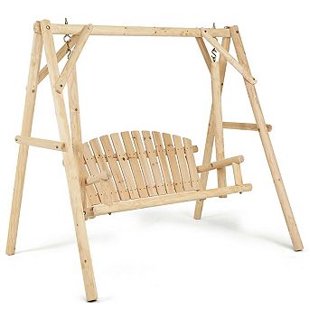 Gymax Wooden Porch Swing Outdoor Patio Rustic Torched Log Curved Back Bench A-Frame