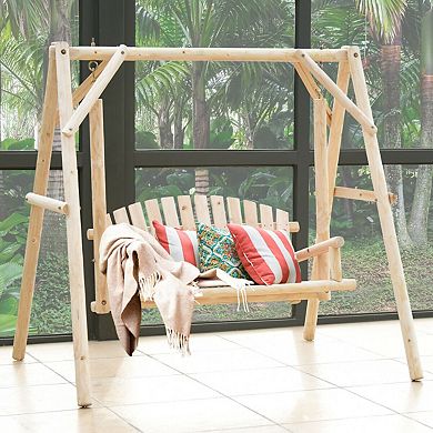 Gymax Wooden Porch Swing Outdoor Patio Rustic Torched Log Curved Back Bench A-Frame