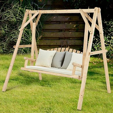 Gymax Wooden Porch Swing Outdoor Patio Rustic Torched Log Curved Back Bench A-Frame