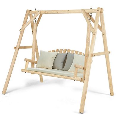 Gymax Wooden Porch Swing Outdoor Patio Rustic Torched Log Curved Back Bench A-Frame