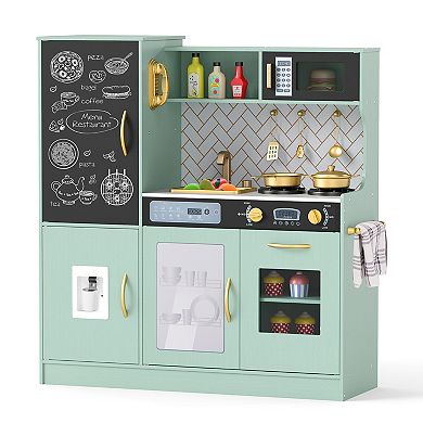 Gymax Play Kitchen Toy Set w/ Chalkboard Oven Sink Curtain Microwave Water Dispenser