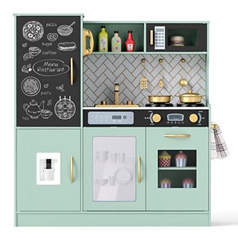 Gymax Play Kitchen Toy Set w/ Chalkboard Oven Sink Curtain Microwave Water Dispenser