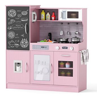 Gymax Play Kitchen Toy Set w/ Chalkboard Oven Sink Curtain Microwave Water Dispenser