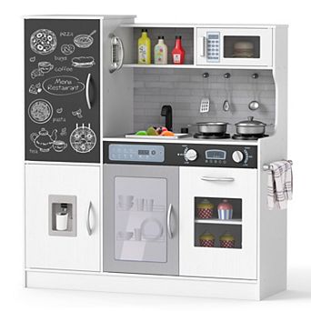 Gymax Play Kitchen Toy Set w/ Chalkboard Oven Sink Curtain Microwave Water Dispenser