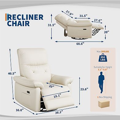 Power Recliner Chair, PU Leather Swivel Rocker with USB Ports, Beige Glider