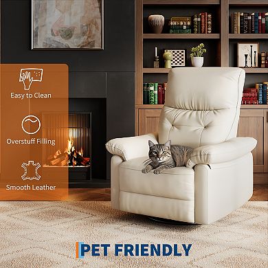 Power Recliner Chair, PU Leather Swivel Rocker with USB Ports, Beige Glider