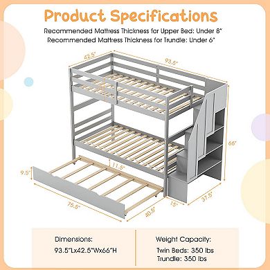Gymax Wooden Bunk Bed w/ Trundle Storage Stairs Convertible​