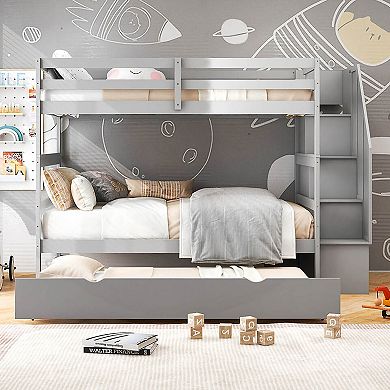 Gymax Wooden Bunk Bed w/ Trundle Storage Stairs Convertible​