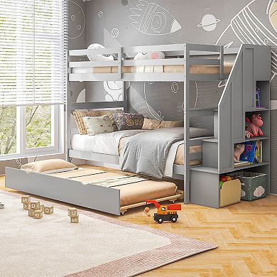 Gymax Wooden Bunk Bed w/ Trundle Storage Stairs Convertible​