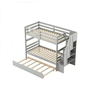 Gymax Wooden Bunk Bed w/ Trundle Storage Stairs Convertible​