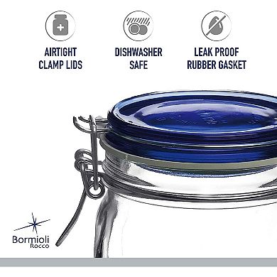 Bormioli Rocco Fido Glass Canning Jars, Airtight Clamp Lock Canisters 50.75 oz, Blue Lids (Set of 2)