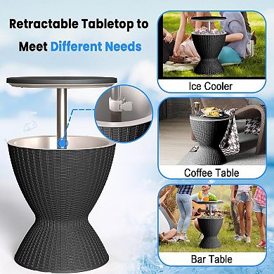 EFU 10 Gallon 3-in-1 Ice Cooler Table, Rattan Resin Retractable Lid with Drain for Patio