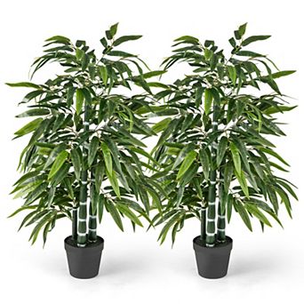 Gymax 50'' Tall Artificial Potted Tree w/3 PE Bamboo Trunk Flush Leaves Realistic Soil