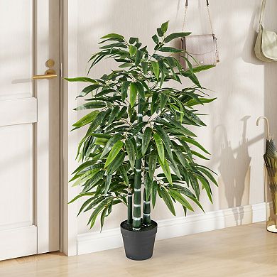 Gymax 50'' Tall Artificial Potted Tree w/3 PE Bamboo Trunk Flush Leaves Realistic Soil
