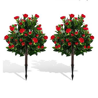 Gymax 2 Pack 31'' Artificial Camellia Tree Set w/Ground Spikes Floral Blooming Bushes