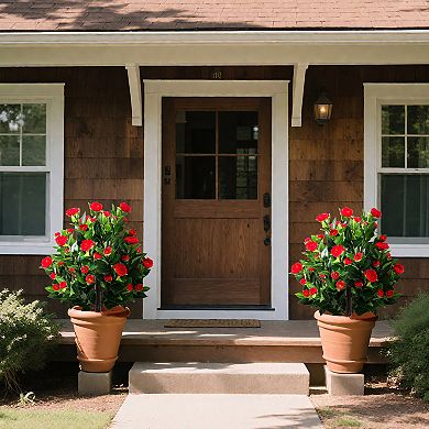 Gymax 2 Pack 31'' Artificial Camellia Tree Set w/Ground Spikes Floral Blooming Bushes