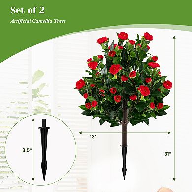 Gymax 2 Pack 31'' Artificial Camellia Tree Set w/Ground Spikes Floral Blooming Bushes