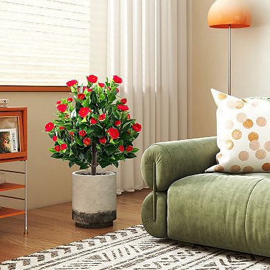 Gymax 2 Pack 31'' Artificial Camellia Tree Set w/Ground Spikes Floral Blooming Bushes