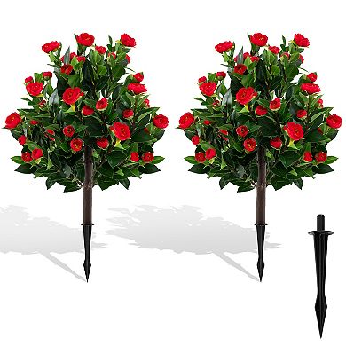 Gymax 2 Pack 31'' Artificial Camellia Tree Set w/Ground Spikes Floral Blooming Bushes