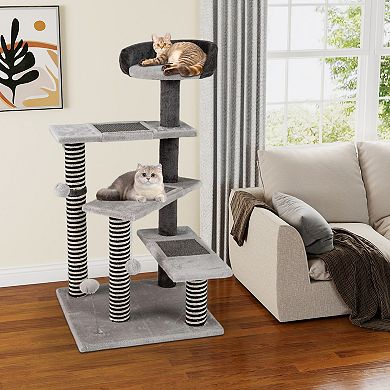 Gymax 2-in-1 Cat Tree Tower Pet Steps w/ Scratching Posts Hanging Toy Ball Perch