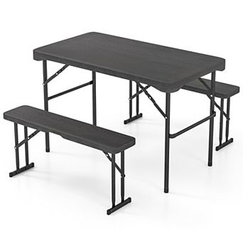 Gymax Outdoor Table Bench Set Folding Picnic Table Set w/ 2 Benches Sturdy Metal Frame