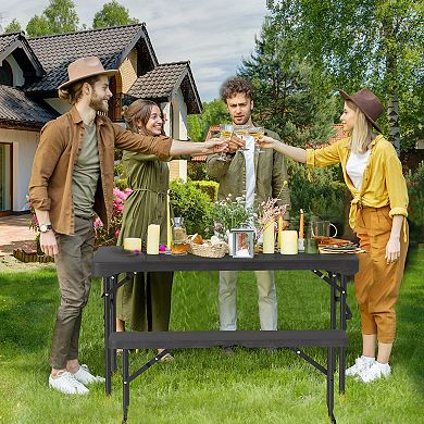 Gymax Outdoor Table Bench Set Folding Picnic Table Set w/ 2 Benches Sturdy Metal Frame