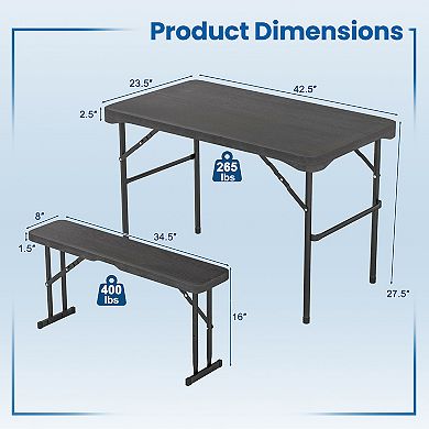 Gymax Outdoor Table Bench Set Folding Picnic Table Set w/ 2 Benches Sturdy Metal Frame