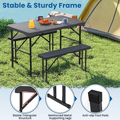 Gymax Outdoor Table Bench Set Folding Picnic Table Set w/ 2 Benches Sturdy Metal Frame
