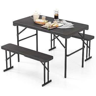 Gymax Outdoor Table Bench Set Folding Picnic Table Set w/ 2 Benches Sturdy Metal Frame